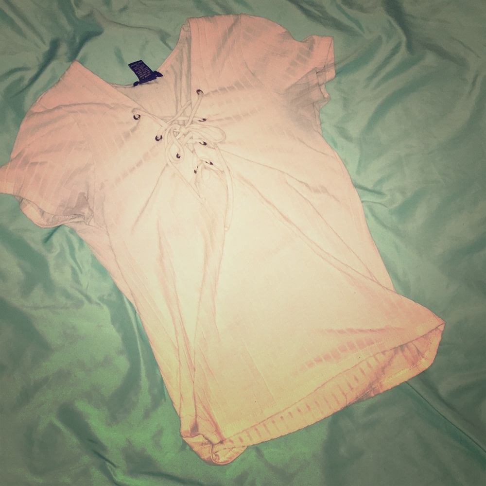 Lace Up Ribbed White Top